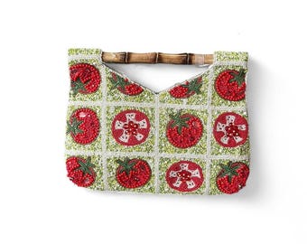 Beaded Tomato Handbag – Whimsical Fruit Purse with Bamboo Handle, Summer Statement Bag