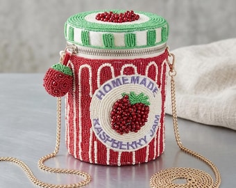 Hand Beaded Raspberry Jam Jar Crossbody Bag | Whimsical Fruit Purse, Cottagecore Statement Clutch