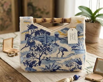 Handmade Chinoiserie Beaded Handbag | Bamboo Handle Toile Clutch, Evening Bag