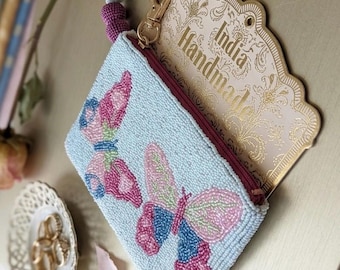 Hand-Beaded Butterfly Coin Pouch • India Handmade Pastel Seed Bead Zipper Wallet