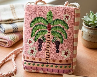Handbeaded Palm Tree Crossbody Bag, Pink Seed Bead Clutch, Tropical Summer Purse