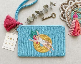 Hand-Beaded Pool Float Clutch – Tropical Summer Wristlet Purse (7.5x5.5 inches)