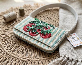 Hand Beaded Tomato Shoulder Bag, Striped Evening Clutch, Seed Bead Fruit Detail