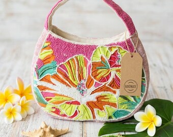 Hand-Beaded Tropical Floral Top-Handle Bag | Pink Hibiscus Statement Handbag, Woven Geometric Back pouch