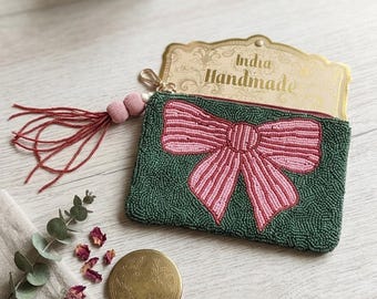 Hand-Beaded Bow Pouch – Green Pink Stripe Coin Purse, Indian Artisan Makeup Bag