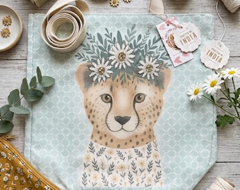 Hand-Beaded Canvas Tote Bag | Cheetah Floral Boho Market Shoulder Bag