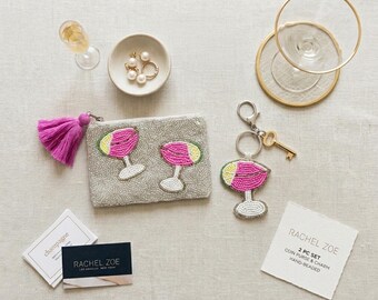 Rachel Zoe Beaded Cocktail Coin Purse & Keychain Set | Pink Martini Bag Charm