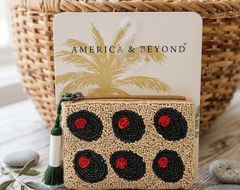 America & Beyond Hand Beaded Martini Pouch, Novelty Coin Purse, Olive Pimento Design