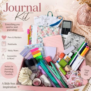 May include: A journal kit containing a floral quilted notebook, a spiral-bound sketchbook, various coloured pens, markers, highlighters, sticky notes, washi tape, a pencil sharpener, a white correction tape, and decorative stickers in a pink box.
