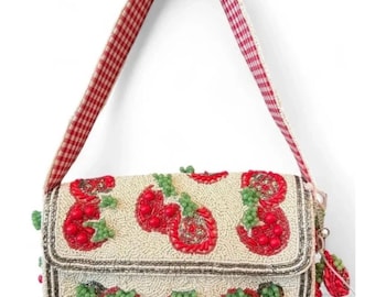 Hand-Beaded Tomato Shoulder Bag • Cream Seed Bead Purse, Gingham Strap