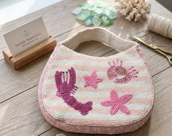 Hand Beaded Coastal Shoulder Bag, Pink Stripe Lobster Crab Starfish Nautical Purse