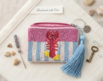 Beaded Lobster Purse | Pink Blue Striped Zipper Pouch, Seed Bead Makeup Bag, Card Holder