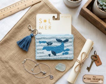 Sol and Mer Beaded Whale Coin Purse, Seed Bead Zipper Pouch, Nautical Tassel Wallet