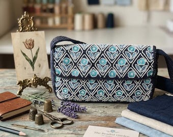 New Hand-Beaded Blue Floral Shoulder Bag | Artisanal Boho Crossbody Clutch | Perfectly Imperfect / Minor Flaws