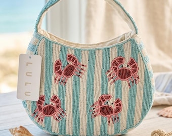 Lulu NYC Hand-Beaded Crab Shoulder Bag, Nautical Striped Beach Resort Wear Handbag