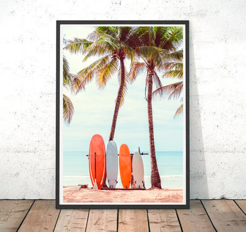 Surf Board Print Surf Decor Palm Tree Print Tropical Art Beach Etsy
