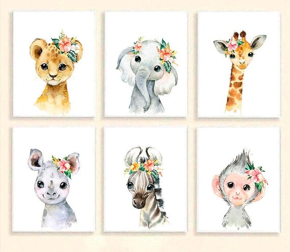 Nursery Jungle Animal Prints Nursery Wall Art Nursery Pictures Set of 6 Safari Animals Nursery Prints