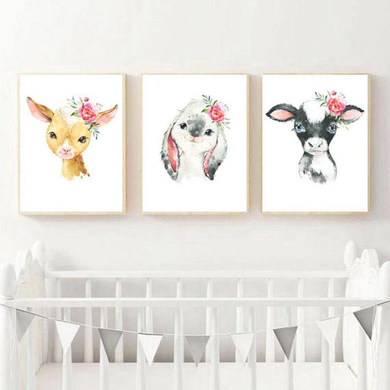 Baby Cow Nursery Decor Girl Farm Animal Watercolor Cow Flower Etsy