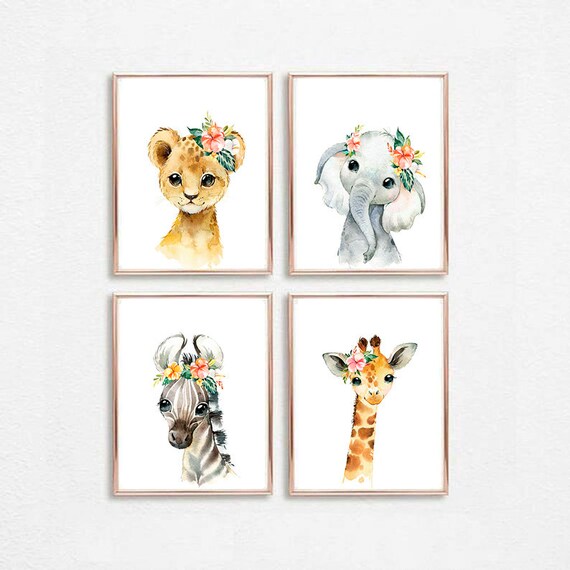Set Of 4 Safari Nursery Prints Girl Baby Animal Decor
