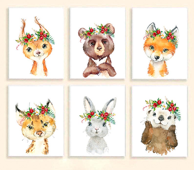 Woodland Animals Flower Crown Girl Nursery Prints Set 6 Forest Etsy Spring woodland animals