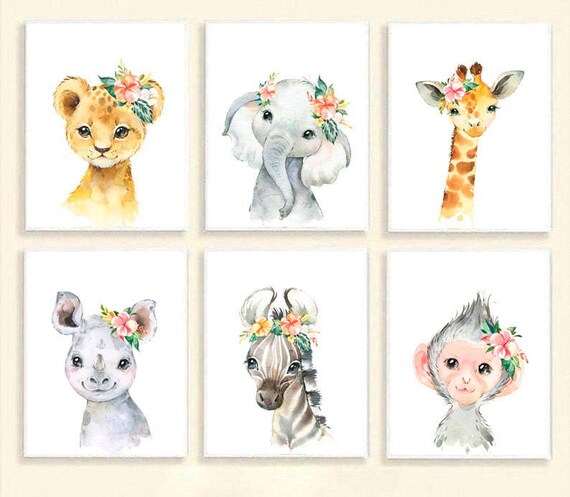 Safari Nursery Decor Girl Prints Set Of 6 Baby