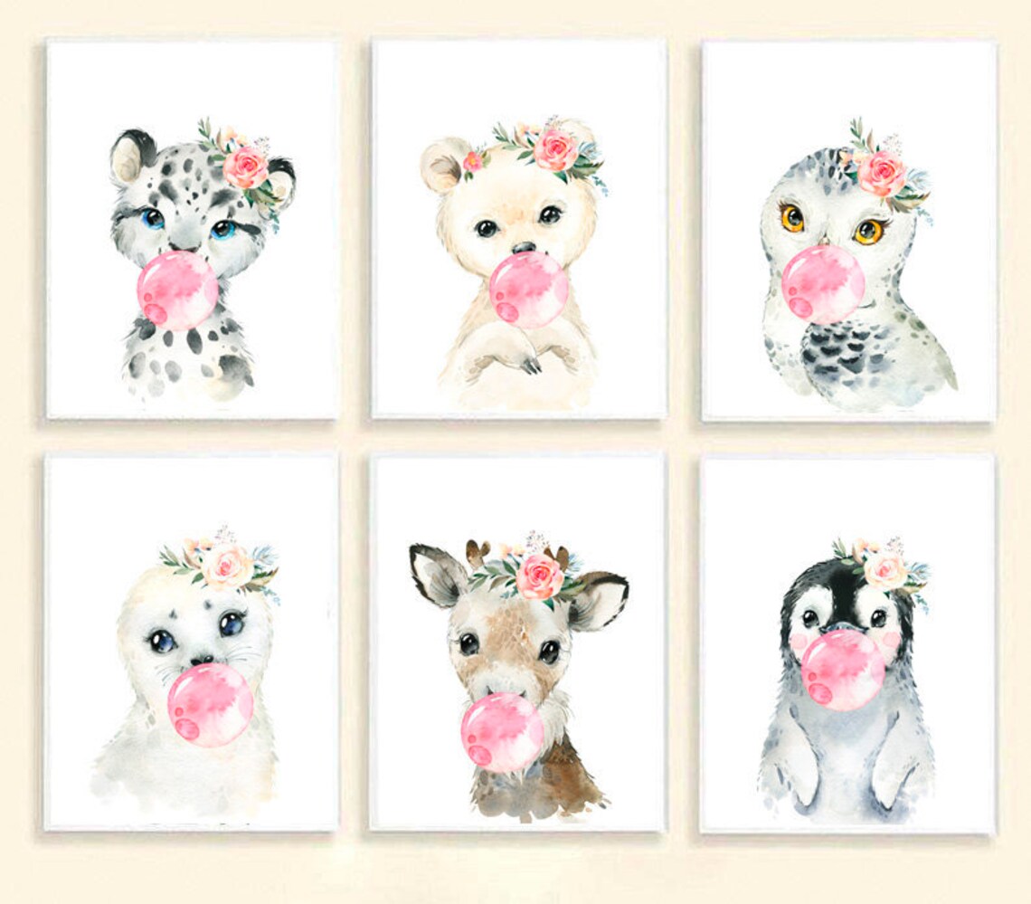 Baby Animal Flower Crown Girl Nursery Animal Wall Art Prints Etsy