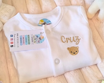 Personalised Embroidered Sleepsuit for Newborn Baby - Teddy Bear Face & Name - Born in 2026