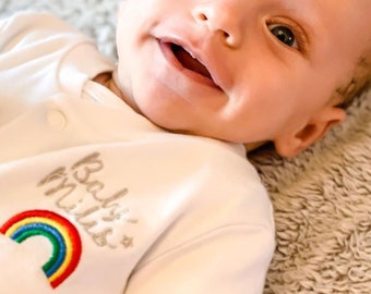 Rainbow Baby Sleepsuit / Embroidered Rainbow Sleepsuit / 2024 Baby Surname BabyGrow / Newborn Coming Home Outfit / Matching Set for Baby