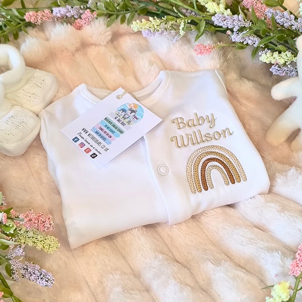 Personalised Baby Sleepsuit / Embroidered Rainbow Sleepsuit / Born in 2024 / Surname Baby Grow / Baby Sleepsuit /Newborn Coming Home Outfit