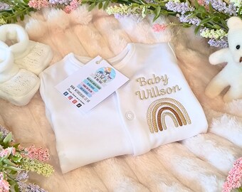 Personalised Baby Sleepsuit / Embroidered Rainbow Sleepsuit / Born in 2024 / Surname Baby Grow / Baby Sleepsuit /Newborn Coming Home Outfit