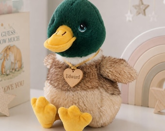 Personalised Mallard Duck Soft Toy for Kids | Engraved Name on Wooden Heart | Baby Keepsake Plush | Christening Gift | Memorial Gift