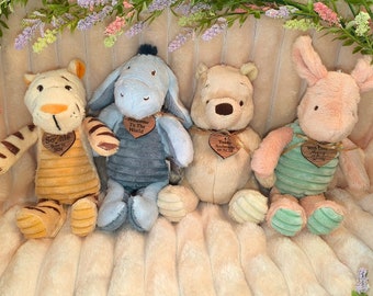 Winnie the Pooh Soft Toy / Personalised Teddy Bear / New Baby Gift Idea / Piglet Eeyore Tigger / Baby Shower / Engraved Name Tag / Nursery