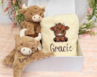 Personalised Highland Cow Blanket, Comforter & Soft Toy - 3 Piece New Baby Gift Set - Embroidered Hamper