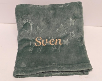 Personalised Baby Blanket with Safari Animals - Neutral Sage Green - Embroidered Swaddle Wrap