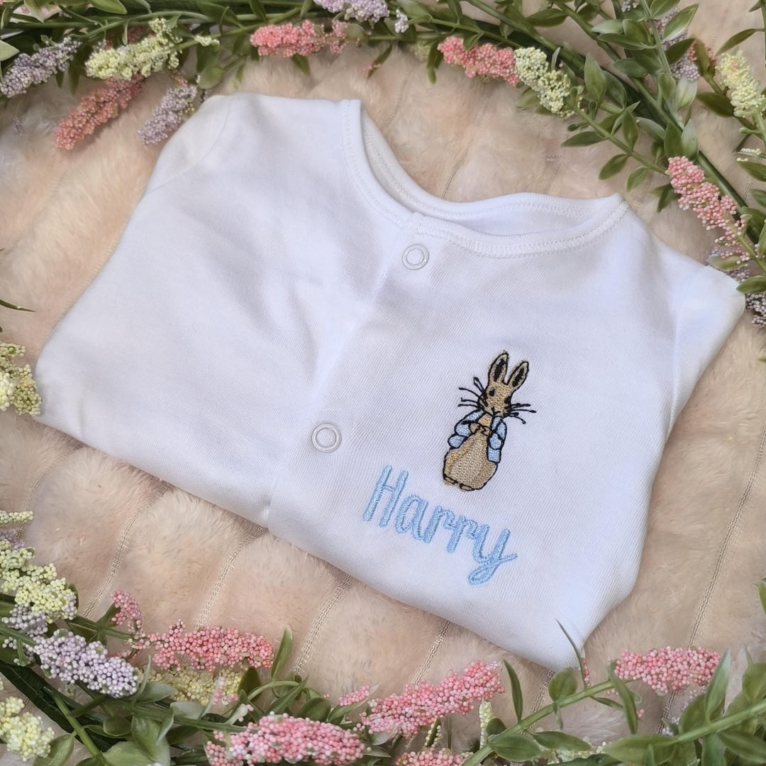 Personalised Peter Rabbit Sleepsuit 2025 Baby Gift Embroidered