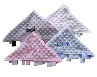 Personalised Baby Comforter / Embroidered Taggy Comfort Blanket / Sensory Satin Ribbon Tags / Baby Shower