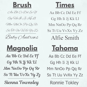 May include: A white background displays four different font styles: Brush, Times, Magnolia, and Tahoma. Each font is shown with the alphabet and a sample name. The names Baby Andrews, Alfie Smith, Sienna Townsley, and Ronnie Tokley are displayed.