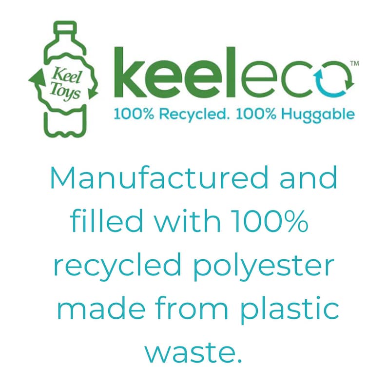 May include: The image features the "keeleco" logo with the text "100% Recycled. 100% Huggable." Below, it states the product is manufactured and filled with 100% recycled polyester made from plastic waste.