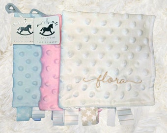 Personalised Baby Comforter / Toddler Taggy Blanket / Baby Tag Blanket / Embroidered Name or Initials / Sensory Blanket with Ribbon Tags /