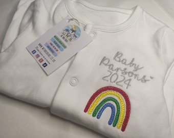 Embroidered Personalised Sleepsuit / Embroidered Rainbow Sleepsuit / 2024 Surname Babygrow / Unisex Baby  /Newborn Coming Home Outfit