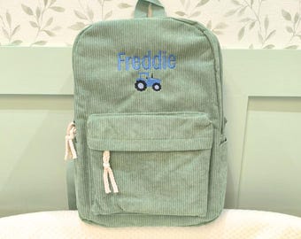 Personalised Boys Tractor Backpack - Embroidered Name on Corduroy School Bag