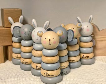 Personalised Wooden Stacking Rings / Baby First Birthday / Stacker Tower / Bear, Bunny or Elephant / Wooden Baby Toys / Laser Engraved Name