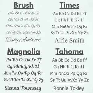 May include: A white background displays four different font styles: Brush, Times, Magnolia, and Tahoma. Each font is shown with the alphabet and a sample name. The names Baby Andrews, Alfie Smith, Sienna Townsley, and Ronnie Tokley are displayed.