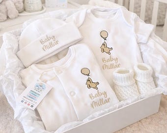 Personalised Winnie the Pooh Baby Gift Set – Embroidered Sleepsuit, Vest, Hat & Booties