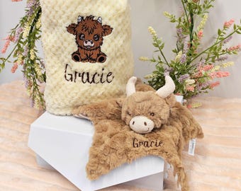 Personalised Highland Cow 2 Piece Baby Gift Set - Blanket & Comforter Toy - Embroidered Name