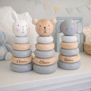 Wooden Stacking Rings Baby Toy / Laser Engraved Personalised Name / Bear, Bunny or Elephant / 15cm