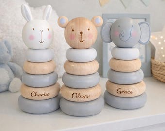 Wooden Stacking Rings Baby Toy / Laser Engraved Personalised Name / Bear, Bunny or Elephant / 15cm