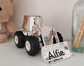 Personalised Silver Plated Digger Money Box | Construction Baby Gift | Baby Boy Christening Keepsake