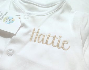 100% Cotton Baby Sleepsuit With Embroidered Name White Babygrow