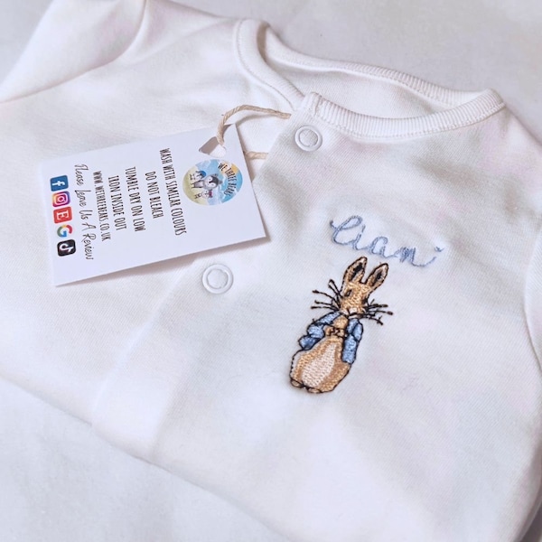 Personalised Rabbit Babygrow / Embroidered Sleepsuit with Baby Name / Blue Rabbit / Coming Home Outfit / New Baby Gift / 2024 Baby Surname